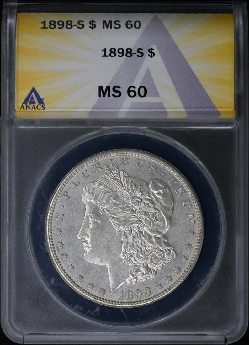 ANACS MS60 1898-S Morgan Silver Dollar: ANACS MS60 1898-S Morgan Silver Dollar This 1898 Morgan Dollar is a silver coin graded MS60 by ANACS. It was minted in San Francisco and remains uncirculated, preserving its original luster and detail