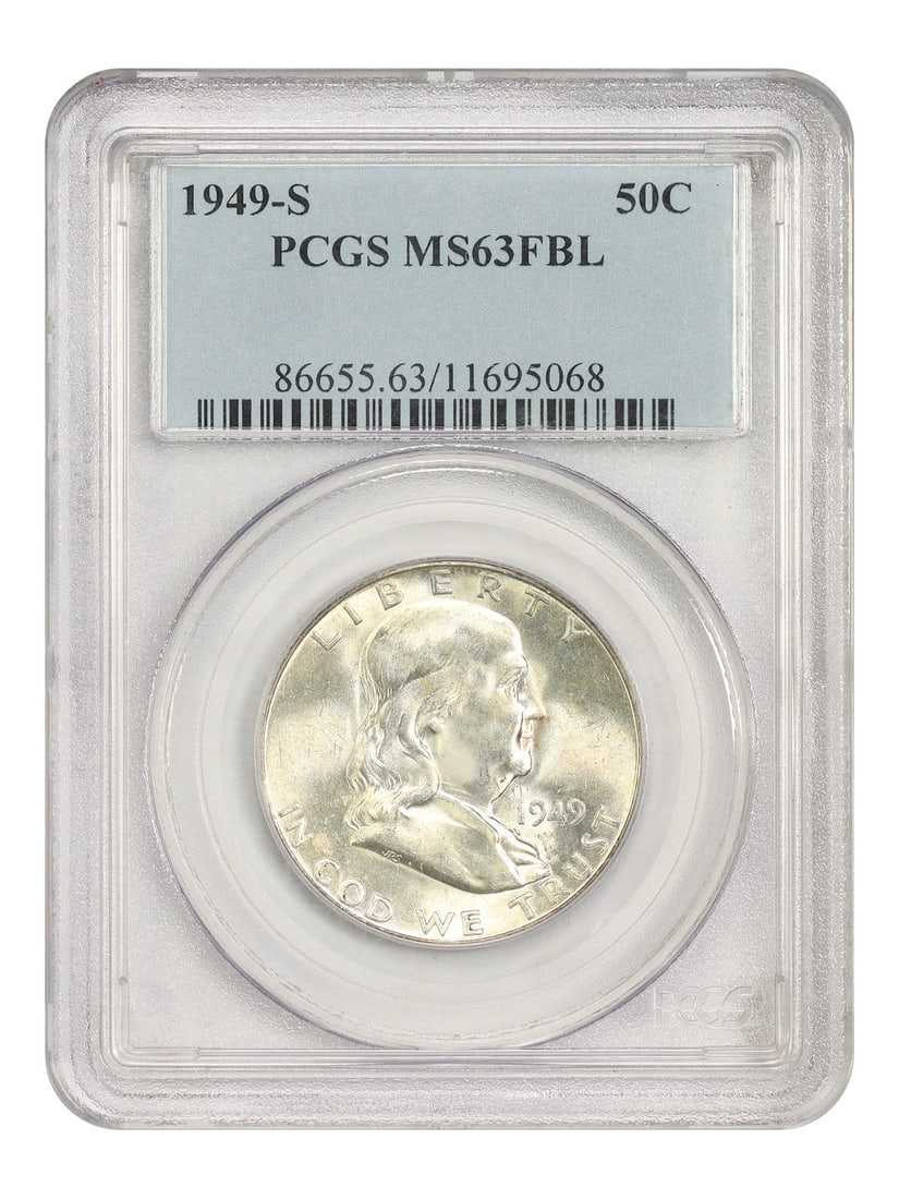 PCGS MS63FBL 1949-S Franklin 50C key date coin: PCGS MS63FBL 1949-S Franklin 50C key date coin 1949-S Franklin Half Dollar, certified by PCGS and graded MS63FBL. This uncirculated coin is a popular and affordable key date in the Franklin series. Co