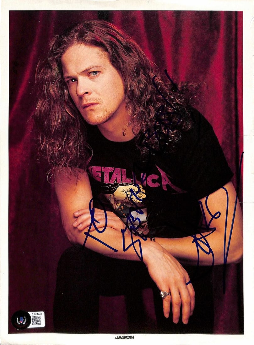 Beckett Authenticated Jason Newsted signed Metallica magazine photo 8.5 x 11: Beckett Authenticated Jason Newsted signed Metallica magazine photo 8.5 x 11 This is a magazine photo measuring 8.5 x 11 inches, hand-signed by Jason Newsted, the renowned bassist of Metallica. The au
