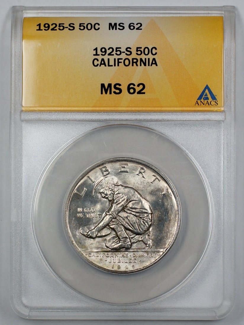 ANACS MS 62 1925-S California Silver Half Dollar Commemorative Coin: ANACS MS 62 1925-S California Silver Half Dollar Commemorative Coin This is a 1925-S California Commemorative Silver Half Dollar graded MS 62 by ANACS. The coin is uncirculated and was minted in San F