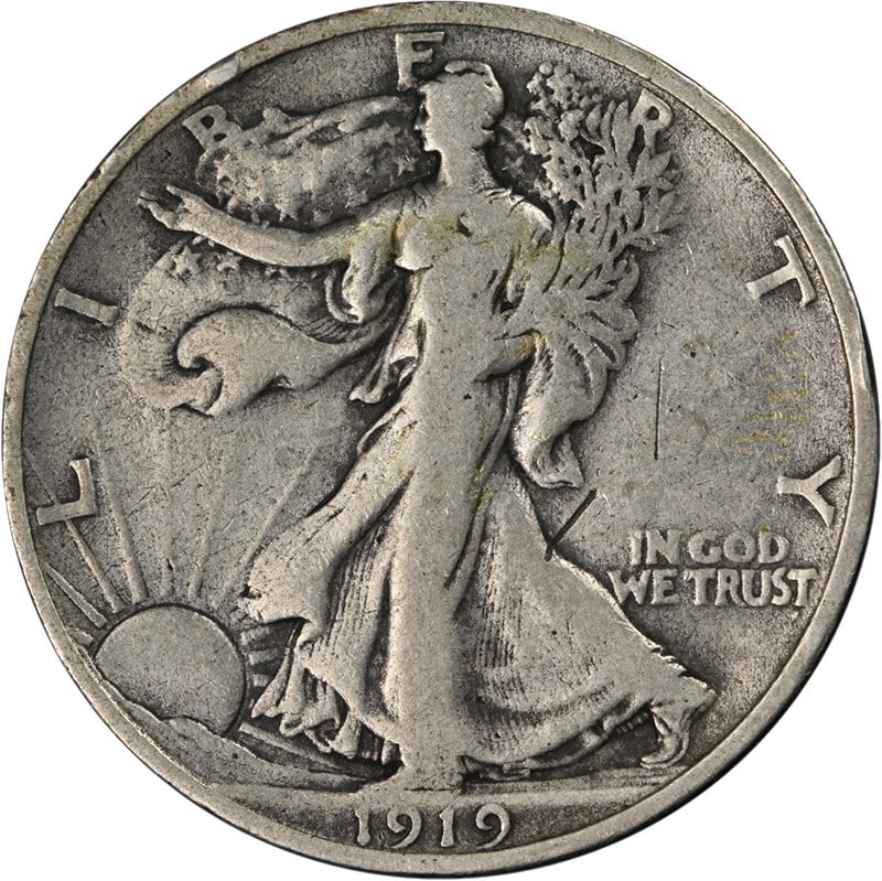 1919-D Walking Liberty Half Dollar Silver F Detail Coin: 1919-D Walking Liberty Half Dollar Silver F Detail Coin This 1919-D Walking Liberty Half showcases decent eye appeal with a nice strike and attractive color. It is classified as a Fine Detail (F Detai