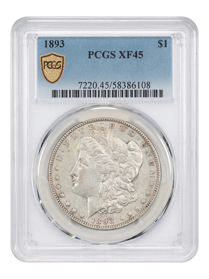1893 Philadelphia Morgan Dollar PCGS XF45 Better Date $1 Coin: 1893 Philadelphia Morgan Dollar PCGS XF45 Better Date $1 Coin 1893 Morgan Dollar $1 from the Philadelphia Mint, certified by PCGS and graded XF45. This circulated example is a better date in the Morga
