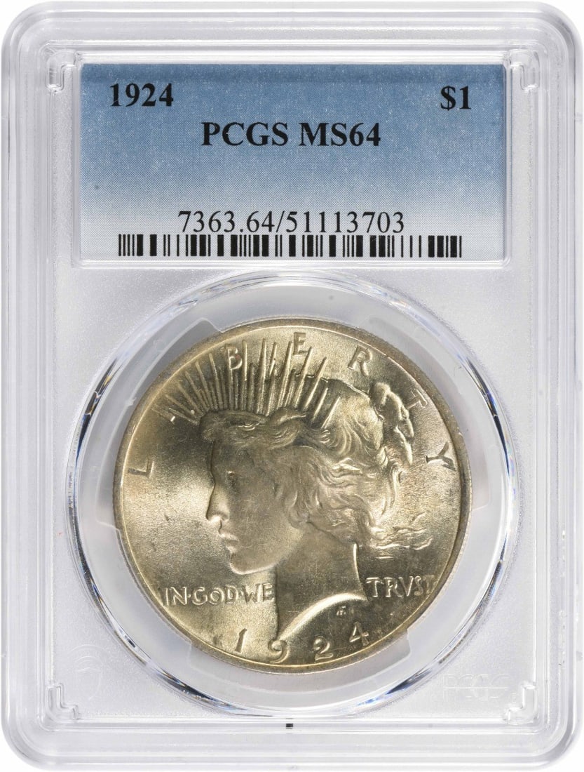 PCGS MS64 1924 Peace Silver Dollar: PCGS MS64 1924 Peace Silver Dollar This 1924 Peace Silver Dollar is graded MS64 by PCGS, indicating a high-quality, uncirculated coin. Composed of silver, it features the iconic Peace Dollar design an