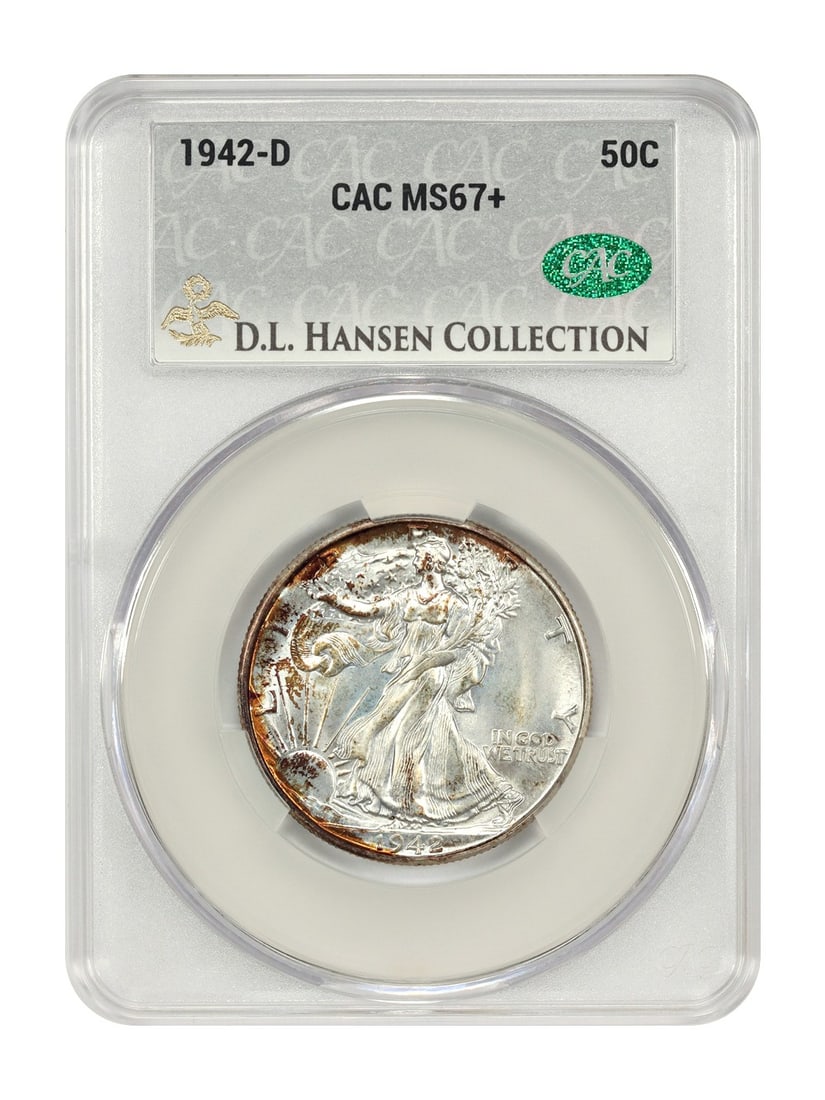 CACG MS67+ 1942-D Walking Liberty Half Dollar ex D.L. Hansen: CACG MS67+ 1942-D Walking Liberty Half Dollar ex D.L. Hansen This 1942-D Walking Liberty Half Dollar is an uncirculated Denver issue certified by CACG and graded MS67+. It is noted as ex: D.L. Hansen.