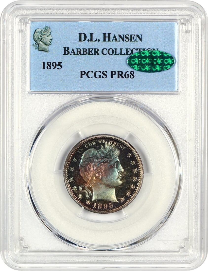 1895 Barber Quarter 25C PCGS PR68 CAC from D.L. Hansen Collection: 1895 Barber Quarter 25C PCGS PR68 CAC from D.L. Hansen Collection 1895 Barber Quarter in PCGS PR68 grade, certified by PCGS and CAC. This uncirculated proof issue from Philadelphia is noted for its lo