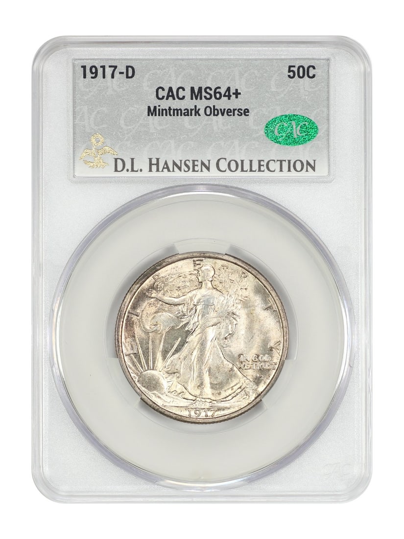 1917-D Walking Liberty Half Dollar 50C CACG MS64+ ex D.L. Hansen: 1917-D Walking Liberty Half Dollar 50C CACG MS64+ ex D.L. Hansen A choice uncirculated 1917-D Walking Liberty Half Dollar with CACG certification and an MS64+ grade. This Denver-minted half dollar is 