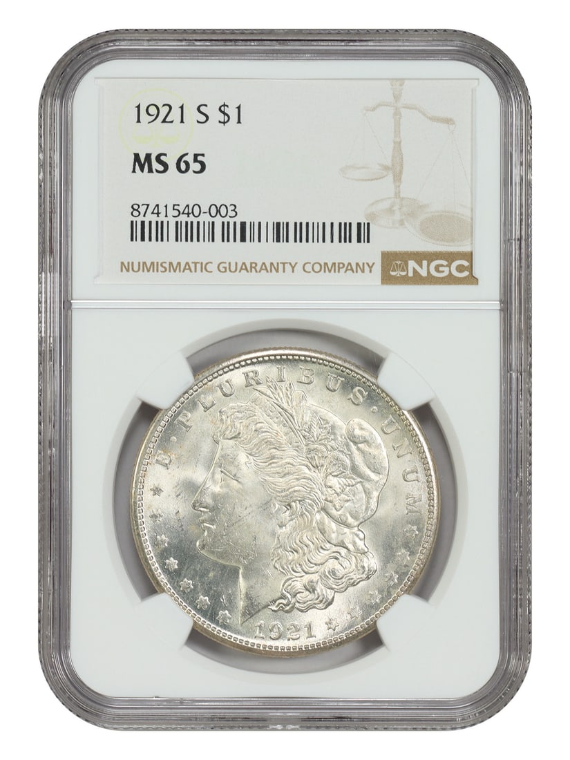 NGC MS65 1921-S Morgan Silver Dollar San Francisco Final Issue: NGC MS65 1921-S Morgan Silver Dollar San Francisco Final Issue 1921-S Morgan Dollar, the final San Francisco Mint issued Morgan silver dollar as the U.S. Mint transitioned to the Peace dollar design. 