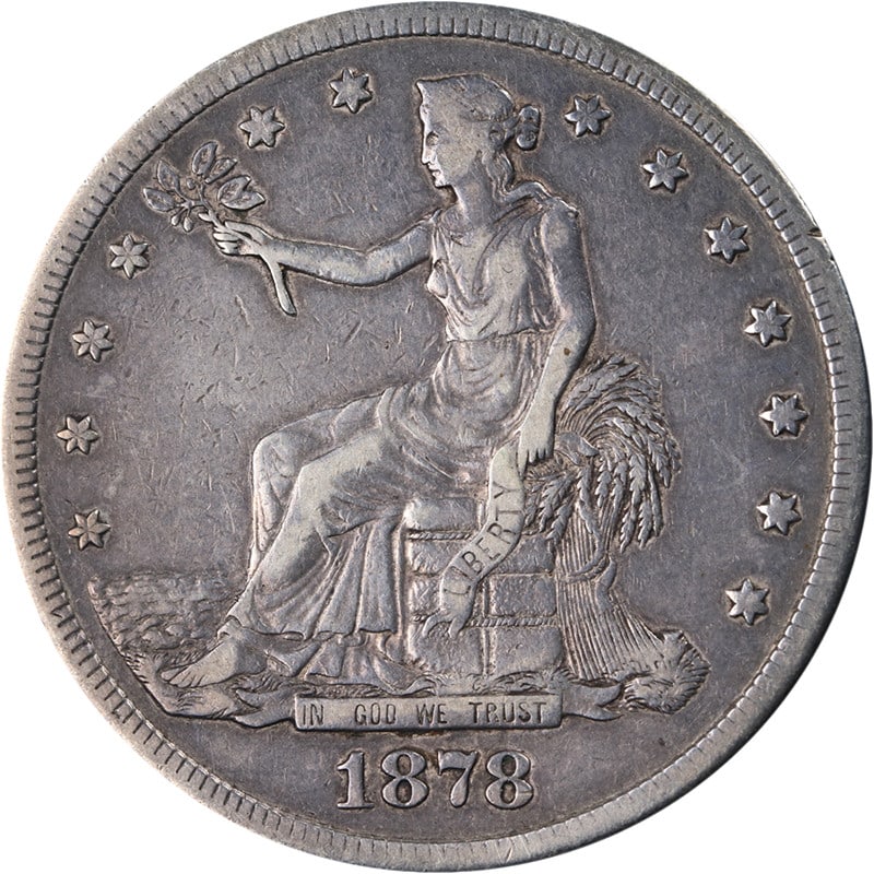 VF 1878 San Francisco Mint Trade Dollar Silver Coin: VF 1878 San Francisco Mint Trade Dollar Silver Coin This 1878-S Trade Dollar is a circulated coin from the United States, featuring a silver composition with a fineness of 0.9. Graded as Very Fine (VF