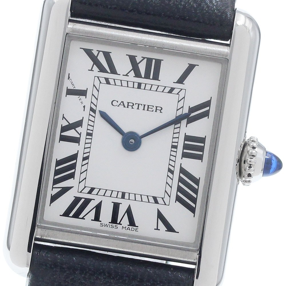 Cartier Tank Must Ladies Quartz Watch Silver Dial Leather Strap: Cartier Tank Must Ladies Quartz Watch Silver Dial Leather Strap This is a pre-owned Cartier Tank Must SM WSTA0042 wristwatch designed for women. It features a silver dial, stainless steel case, and a 