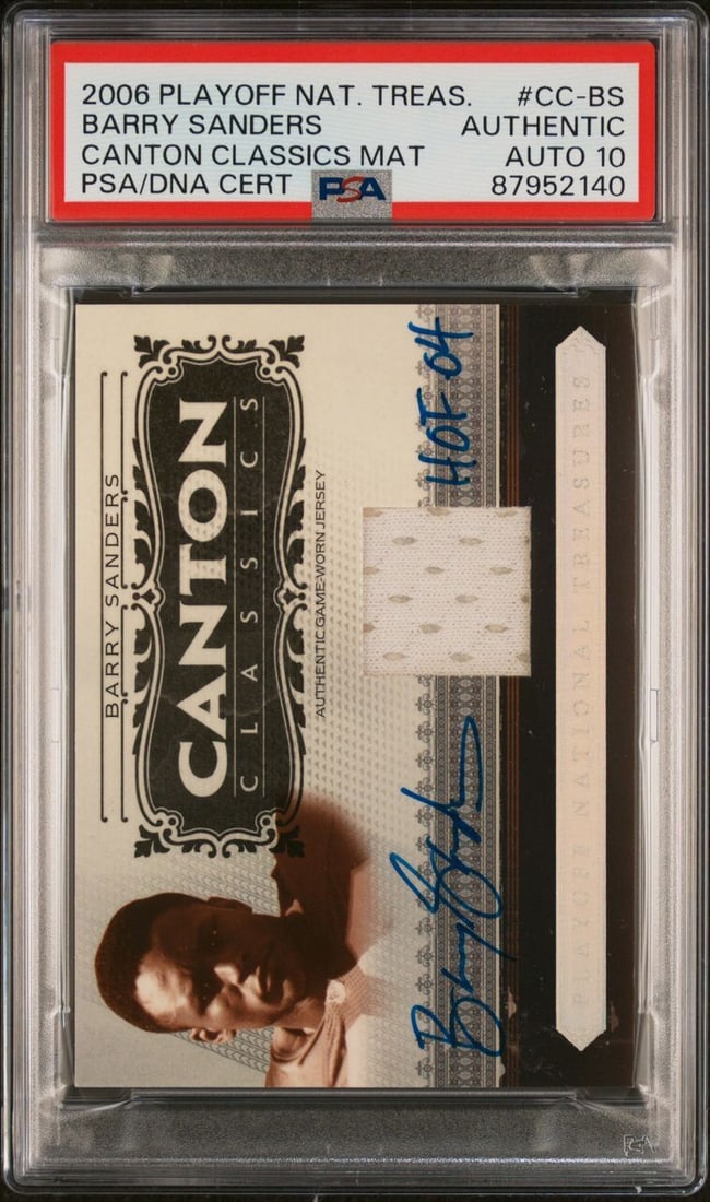 2006 Barry Sanders Signed NFL Trading Card PSA Authenticated CC-BS: 2006 Barry Sanders Signed NFL Trading Card PSA Authenticated CC-BS This 2006 Playoff National Treasures Canton Classics Materials #CC-BS trading card features a stunning autograph from NFL legend Barr