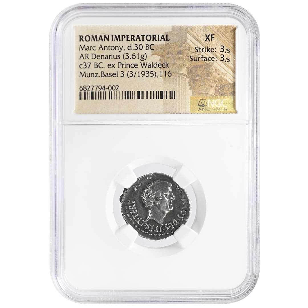 30 BC Roman silver denarius Marc Antony NGC XF 3.61g: 30 BC Roman silver denarius Marc Antony NGC XF 3.61g This ancient Roman silver denarius dates to 30 BC and features Marc Antony. Certified by NGC with a grade of XF, this coin is composed of silver an