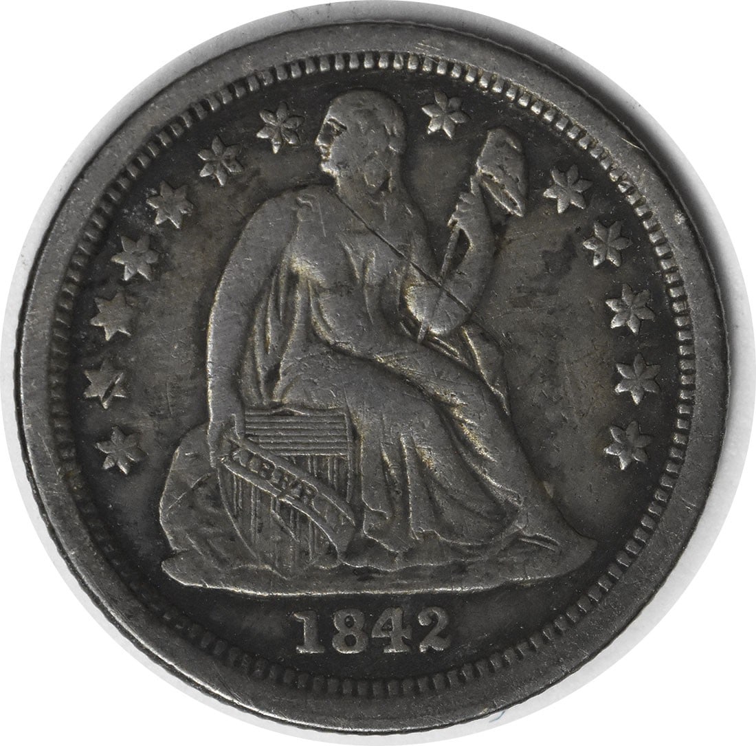 1842-O Liberty Seated Dime 10C by Christian Gobrecht 90% Silver: 1842-O Liberty Seated Dime 10C by Christian Gobrecht 90% Silver This 1842-O Liberty Seated Silver Dime is a remarkable piece of numismatic history, featuring the classic Seated Liberty design by Chris