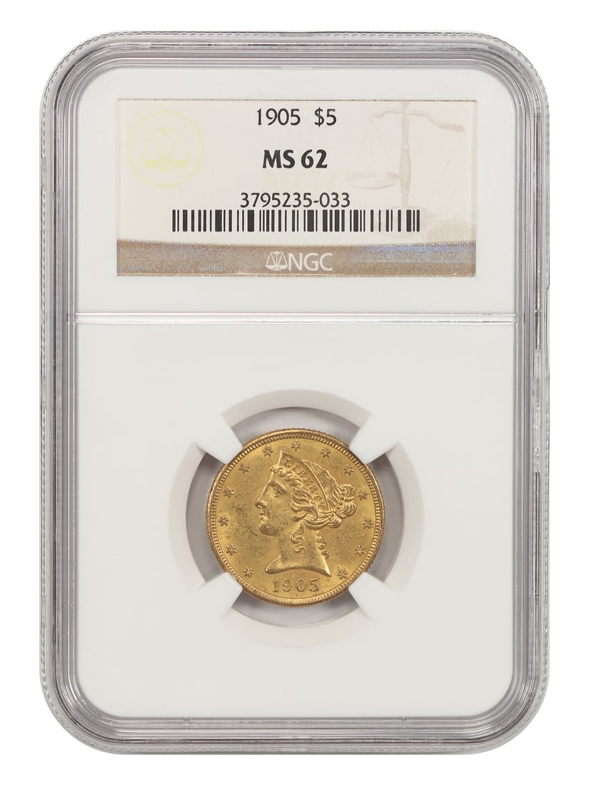1905 NGC MS62 Liberty Head Half Eagle $5 Gold Coin: 1905 NGC MS62 Liberty Head Half Eagle $5 Gold Coin 1905 Liberty Head $5 gold coin, certified by NGC and graded MS62. Struck at the Philadelphia Mint, this pre-owned piece is identified by the $5 denom