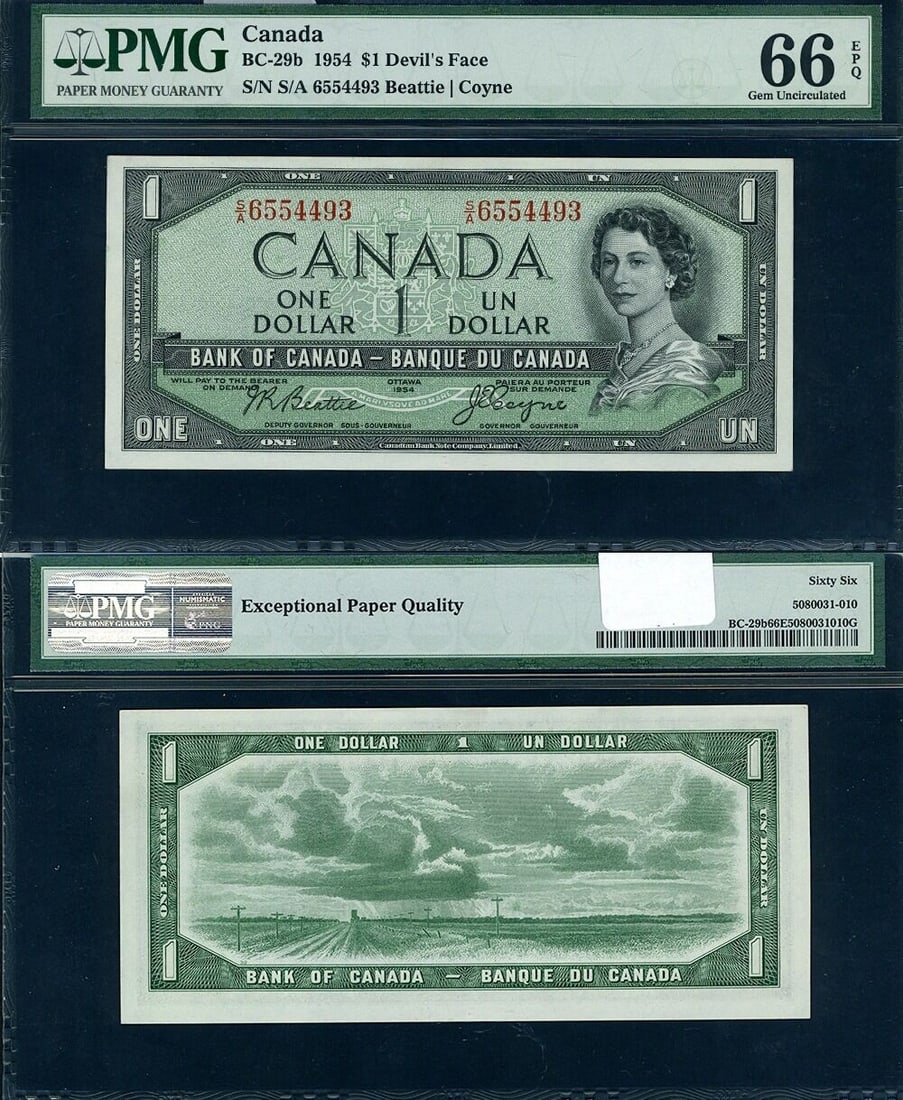 1954 Canada 1 Dollar PMG Gem CU66 EPQ Devils Face: 1954 Canada 1 Dollar PMG Gem CU66 EPQ Devils Face This is a Canada Bank of Canada 1 Dollar note from 1954, featuring the "Devil's Face" variety. It is graded PMG Gem CU66 EPQ, indicating excellent pap