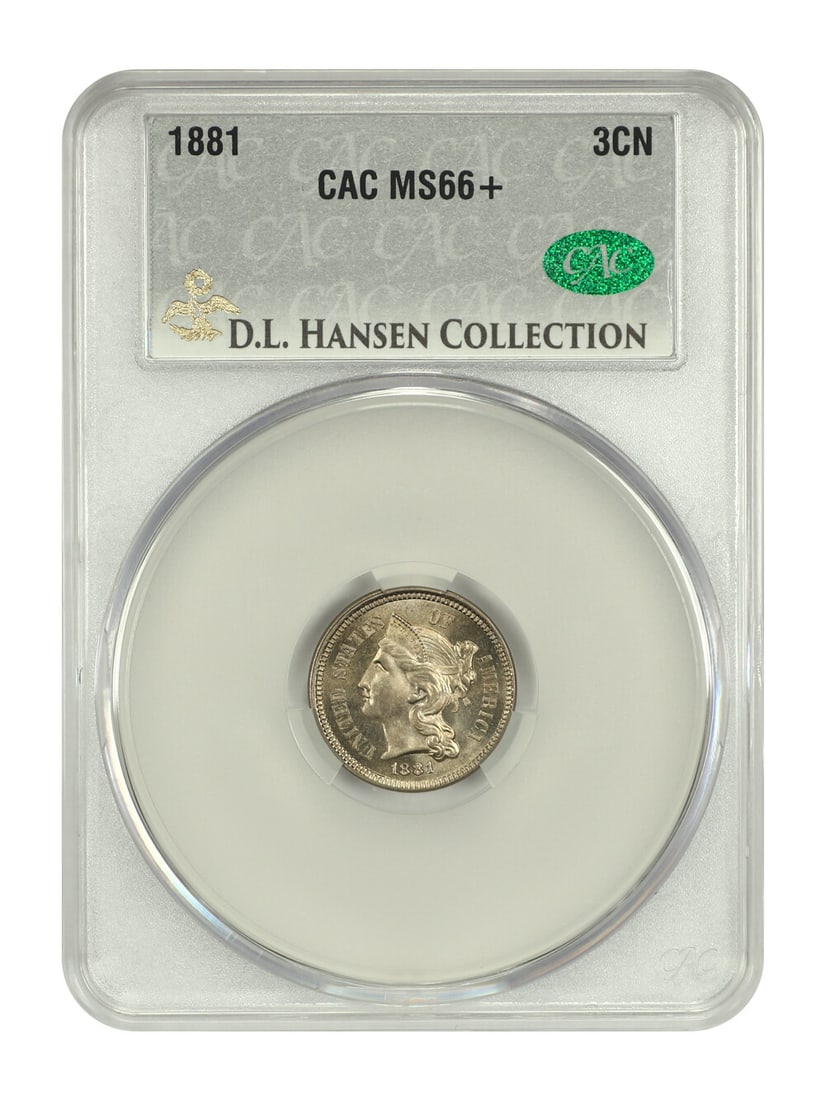 CACG MS66+ 1881 Three Cent Nickel ex D.L. Hansen: CACG MS66+ 1881 Three Cent Nickel ex D.L. Hansen 1881 Three Cent Nickel certified by CACG and graded MS66+. This uncirculated Philadelphia issue features light grey surfaces enhanced by light-golden h