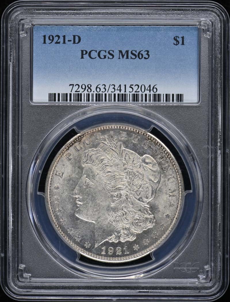 PCGS MS63 1921-D Denver Morgan Dollar: PCGS MS63 1921-D Denver Morgan Dollar This is a 1921-D Morgan Dollar graded MS63 by PCGS. Minted in Denver, this uncirculated coin is a pre-owned piece from the United States and features the classic 