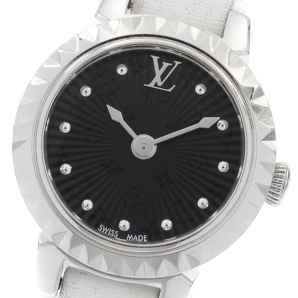 Louis Vuitton Tambour Bijou Quartz Ladies Wristwatch Q1M05: Louis Vuitton Tambour Bijou Quartz Ladies Wristwatch Q1M05 This Louis Vuitton Tambour Bijou Q1M05 is a pre-owned women's wristwatch featuring a stainless steel case and a black dial. The watch is powe