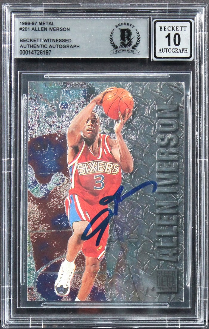 Allen Iverson Signed 1996 Metal Universe Rookie Card Gem Mint 10 Beckett: Allen Iverson Signed 1996 Metal Universe Rookie Card Gem Mint 10 Beckett This autographed 1996 Metal Universe #201 rookie card is a must-have for any Allen Iverson fan. Graded Gem Mint 10 by Beckett A