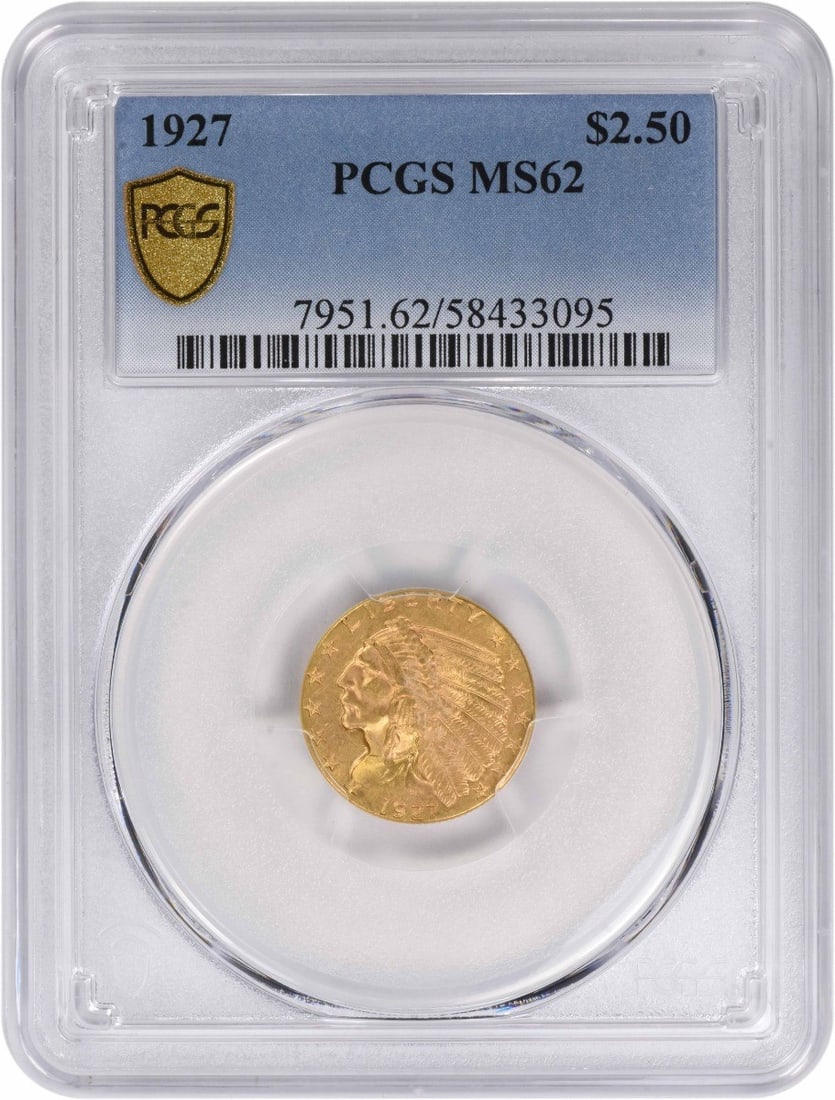 PCGS MS62 1927 Indian Head $2.50 Gold Coin: PCGS MS62 1927 Indian Head $2.50 Gold Coin This 1927 $2.50 Gold Indian coin is graded MS62 by PCGS, indicating an uncirculated condition. Composed of gold, this coin was minted in the United States pr