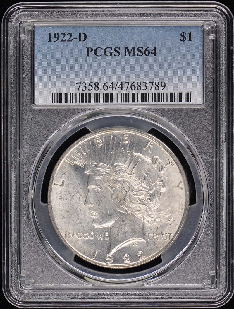 1922-D Peace Dollar $1 Certified PCGS MS64 Uncirculated Denver Mint: 1922-D Peace Dollar $1 Certified PCGS MS64 Uncirculated Denver Mint This 1922-D Peace Dollar, certified by PCGS with a grade of MS64, is a stunning example of early 20th-century coinage. Featuring a b