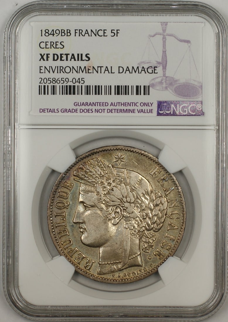 NGC Certified 1849BB France 5 Francs Silver Coin XF Details Environmental Damage (1 of 2)
