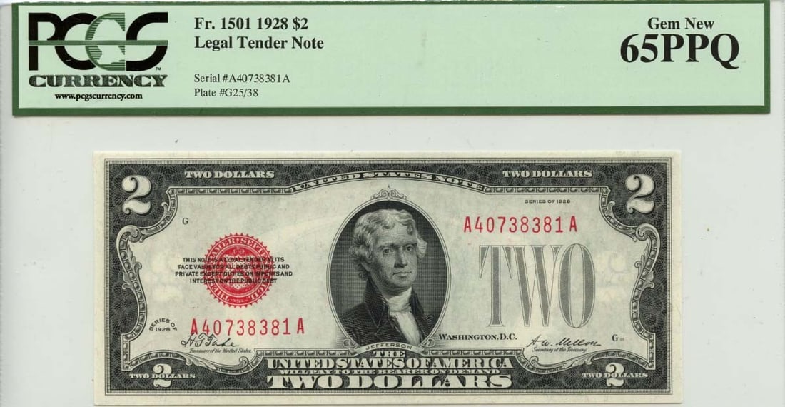 1928 $2 Legal Tender Note Fr# 1501 PCGS MS65 Uncirculated (1 of 2)