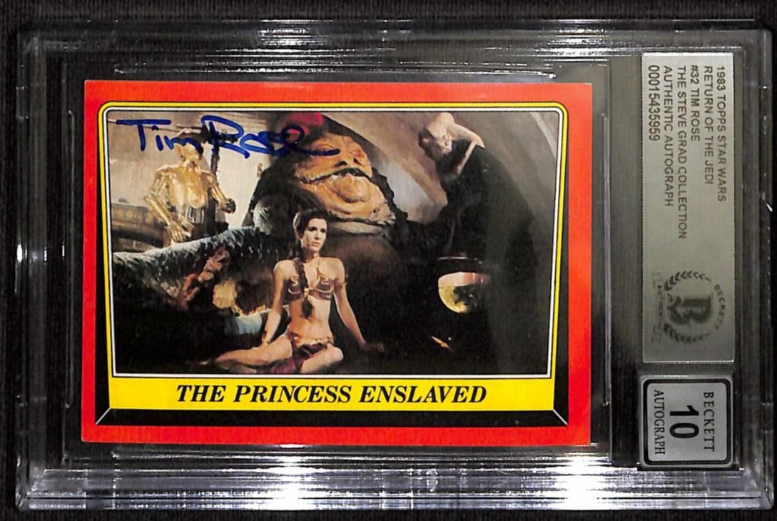 Beckett Auto 10 Tim Rose Star Wars Return of the Jedi Card #32: Beckett Auto 10 Tim Rose Star Wars Return of the Jedi Card #32 This is a Star Wars trading card (#32) titled "The Princess Enslaved" from the 1983 Topps Return of the Jedi series, hand signed by Tim R
