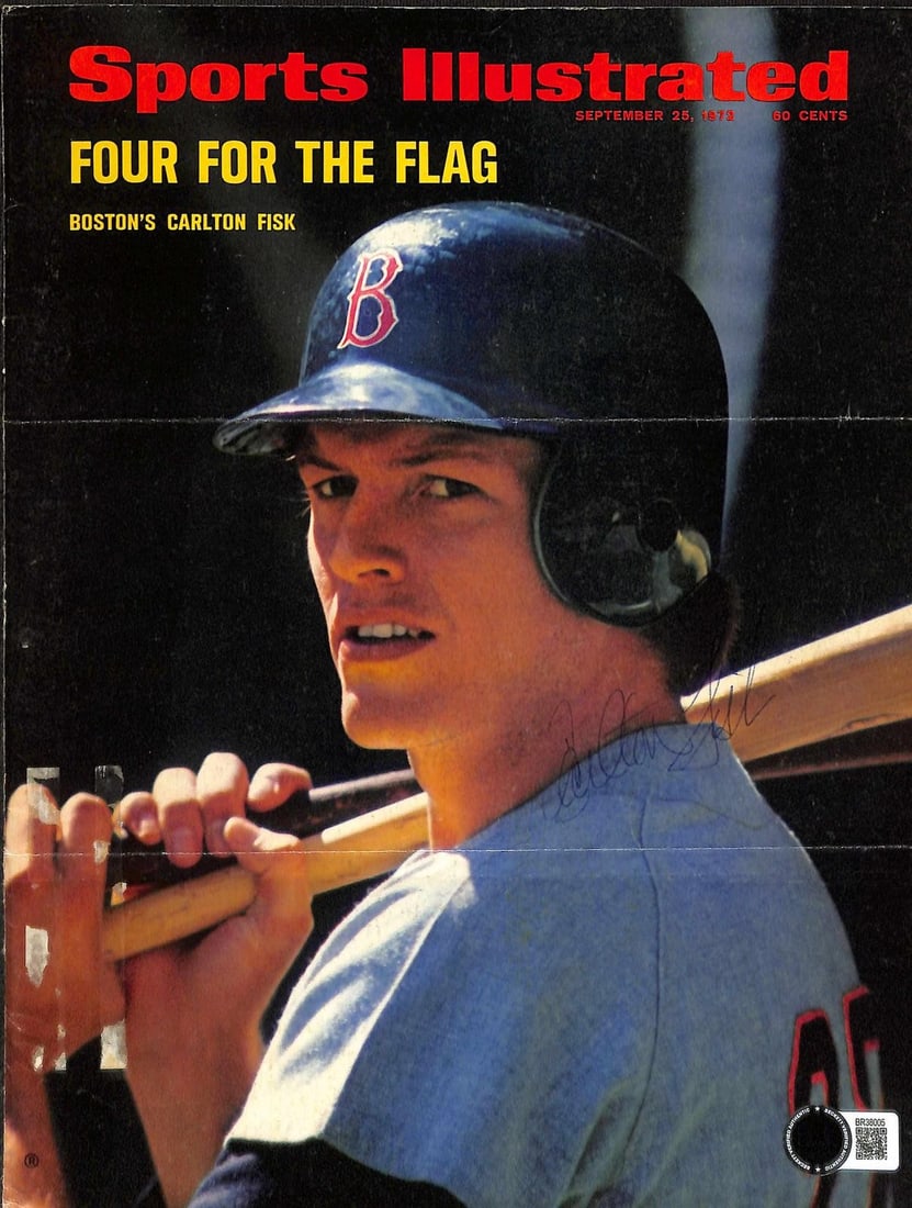 Beckett Authenticated Carlton Fisk Signed 1972 Sports Illustrated Cover: Beckett Authenticated Carlton Fisk Signed 1972 Sports Illustrated Cover This is a vintage Sports Illustrated magazine cover featuring Boston Red Sox Hall of Fame catcher Carlton Fisk. The cover is han