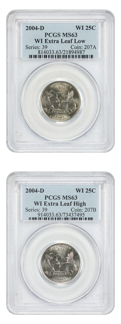 PCGS MS63 2004-D Wisconsin 25C Extra Leaf Low and High: PCGS MS63 2004-D Wisconsin 25C Extra Leaf Low and High 2004-D Wisconsin 25C quarter certified by PCGS and graded MS63. The coin is uncirculated and identified as an Extra Leaf Low & High variety. Cond