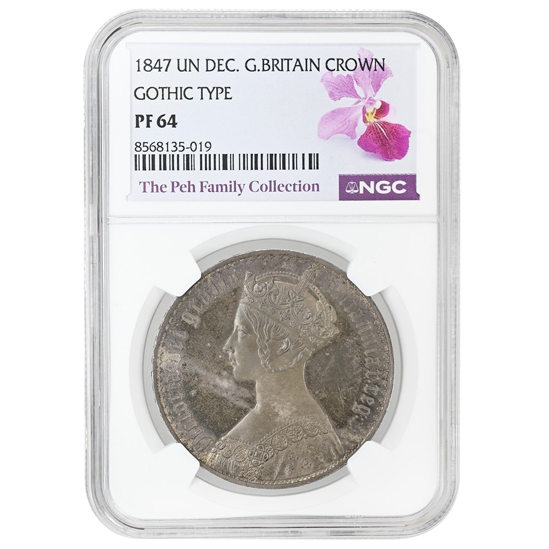 NGC PF64 1847 Great Britain Gothic Victoria Crown Silver: NGC PF64 1847 Great Britain Gothic Victoria Crown Silver This is an 1847 Great Britain Crown, featuring Queen Victoria in the renowned "Gothic" type design by master engraver William Wyon. The coin is