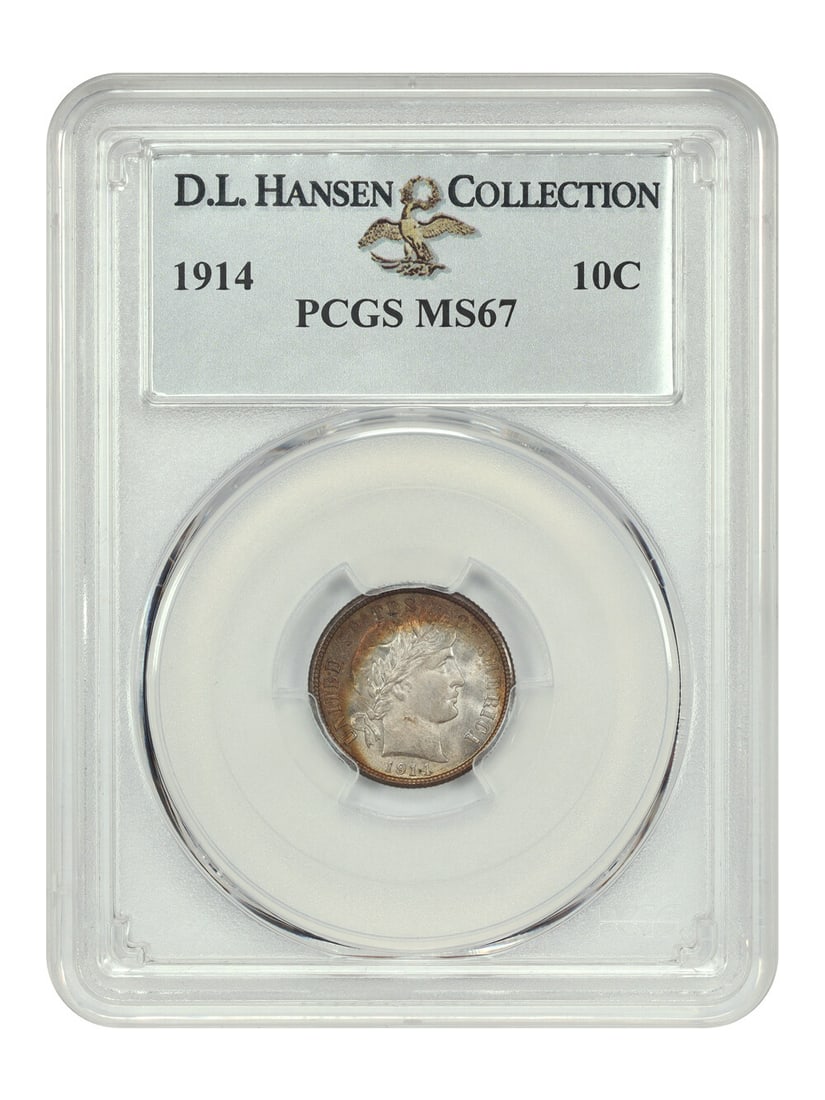 PCGS MS67 1914 Barber Dime 10C ex D.L. Hansen: PCGS MS67 1914 Barber Dime 10C ex D.L. Hansen This 1914 Barber Dime is graded PCGS MS67 and is described as an uncirculated premium example from the Philadelphia Mint. The Philadelphia Mint struck mor