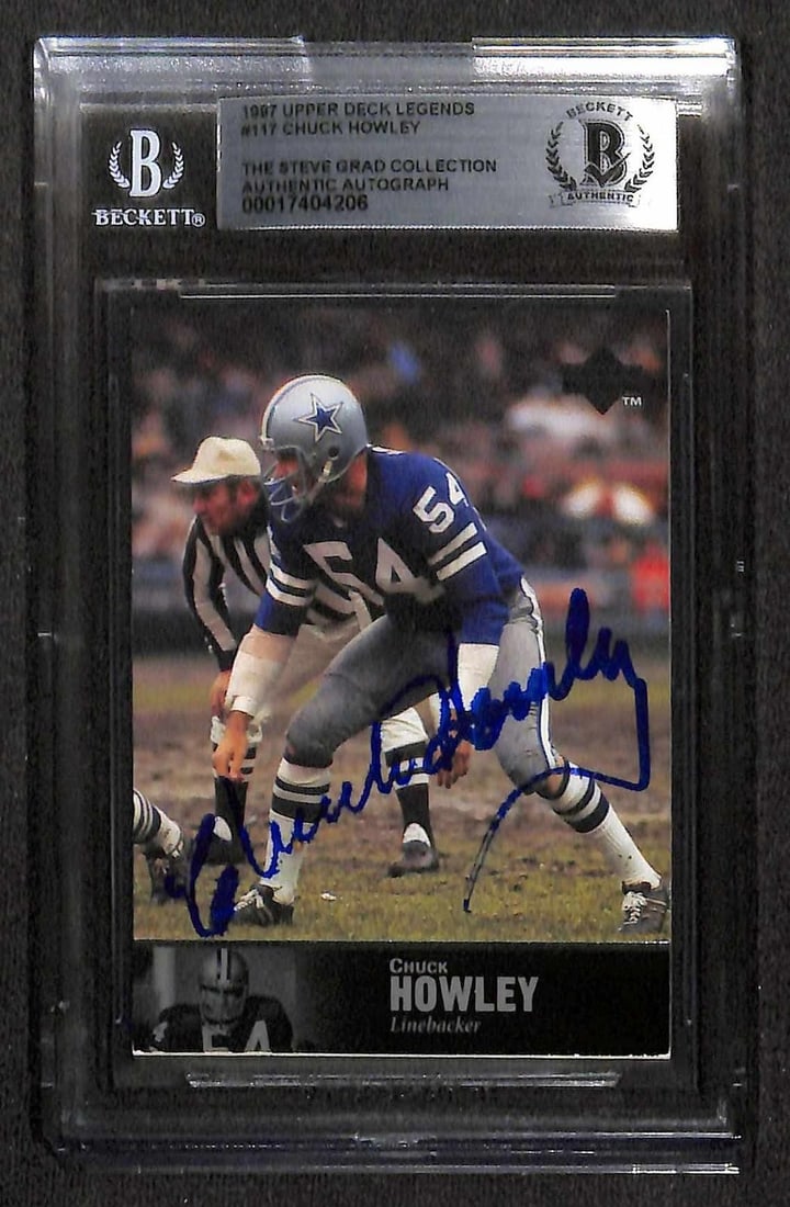 Beckett Authenticated Chuck Howley 1997 Upper Deck Legends Cowboys Card: Beckett Authenticated Chuck Howley 1997 Upper Deck Legends Cowboys Card This 1997 Upper Deck Legends #117 trading card features the autograph of Dallas Cowboys Hall of Fame linebacker Chuck Howley. Th