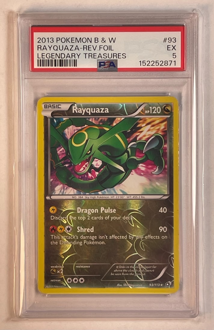 Pokemon Legendary Treasures Rayquaza 93 113 Reverse Holo PSA 5 Card: Pokemon Legendary Treasures Rayquaza 93 113 Reverse Holo PSA 5 Card This is a PSA graded Pokemon TCG card featuring Rayquaza from the Legendary Treasures set. It is an English-language reverse holo ca