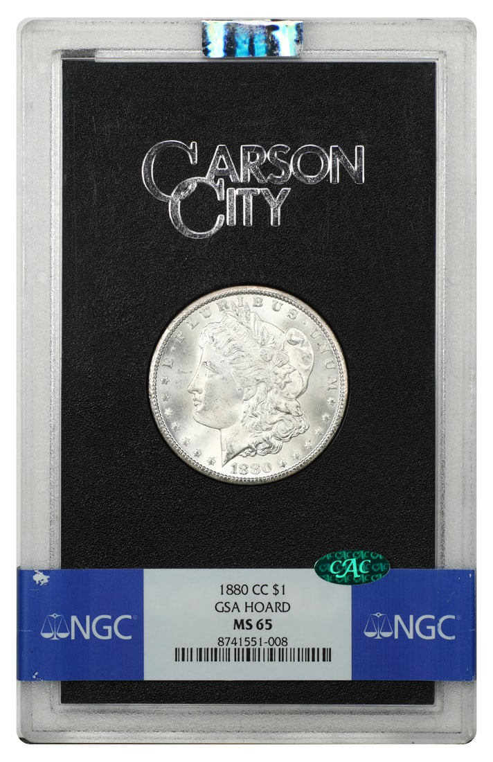 1880 Carson City Morgan Dollar $1 NGC MS65 CAC GSA Holder: 1880 Carson City Morgan Dollar $1 NGC MS65 CAC GSA Holder 1880-CC Morgan Dollar $1 certified by NGC and graded MS65, housed in the original hard case. This Carson City GSA example is pre-owned and ide