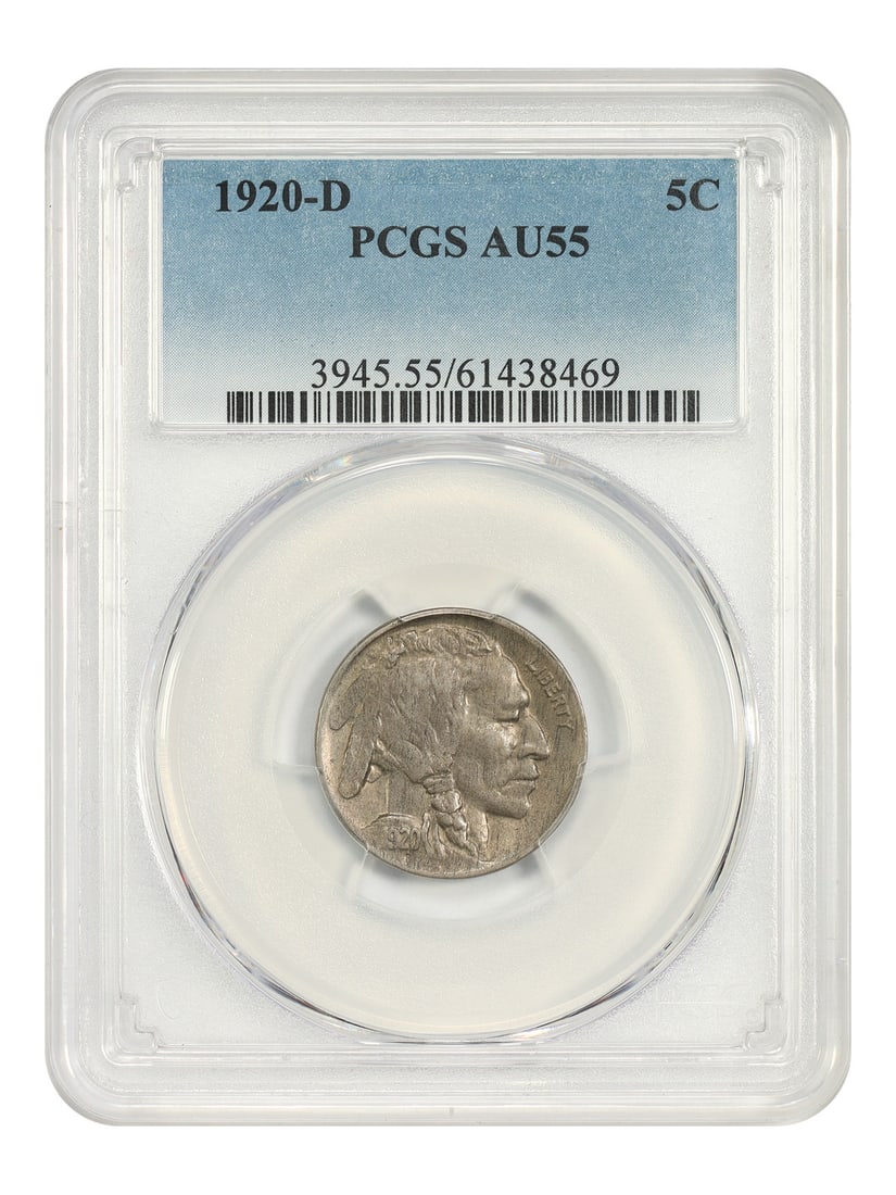 Buffalo Nickel 1920 D 5C PCGS AU55 Certified: Buffalo Nickel 1920 D 5C PCGS AU55 Certified A 1920-D Buffalo Nickel graded AU55 by PCGS. This circulated coin is a pre-owned example from the Denver mint, with certification number 61438469. Specific