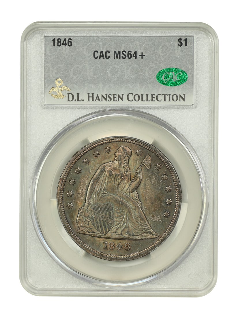 1846 $1 CACG MS64+ Liberty Seated Dollar D.L. Hansen Ex-Collection: 1846 $1 CACG MS64+ Liberty Seated Dollar D.L. Hansen Ex-Collection This 1846 Liberty Seated Dollar is a stunning example of minting excellence, certified by CACG with a grade of MS64+. With a denomina