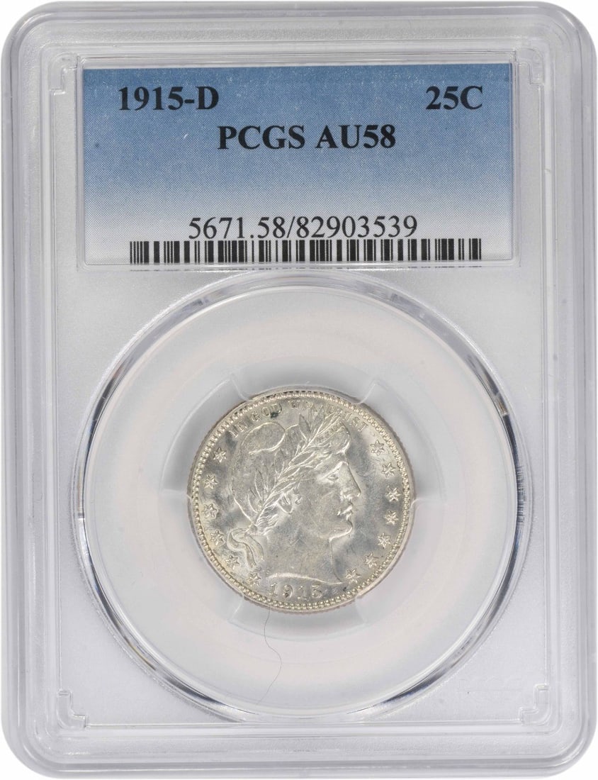 PCGS AU58 1915-D Barber 25C Silver Coin from Denver Mint: PCGS AU58 1915-D Barber 25C Silver Coin from Denver Mint This 1915-D Barber Silver Quarter is graded AU58 by PCGS and was minted in Denver. Designed by Charles E. Barber, the coin is composed of 90% s