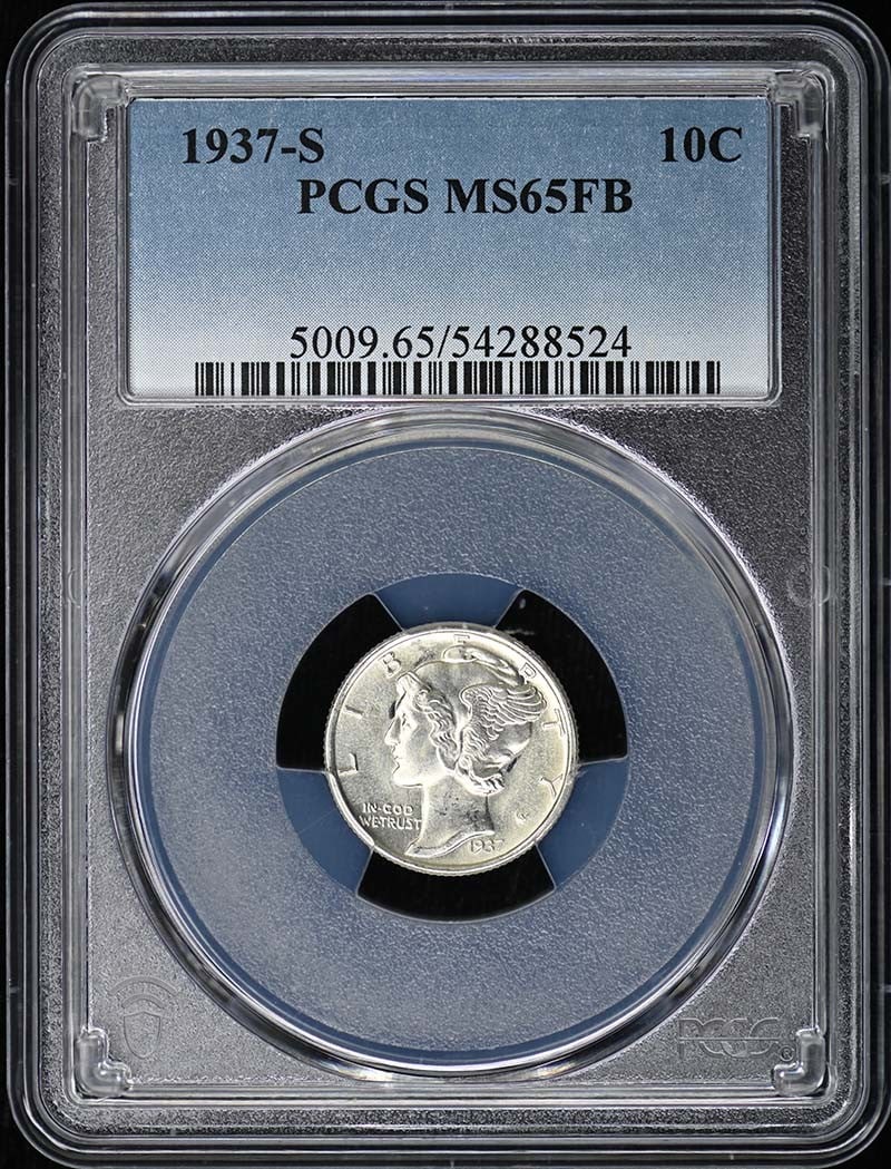 PCGS MS65FB 1937 San Francisco Mercury Dime Uncirculated: PCGS MS65FB 1937 San Francisco Mercury Dime Uncirculated This is a 1937-S Mercury Dime graded MS65FB by PCGS. The coin is uncirculated and was minted in San Francisco. It features the Full Bands (FB) 
