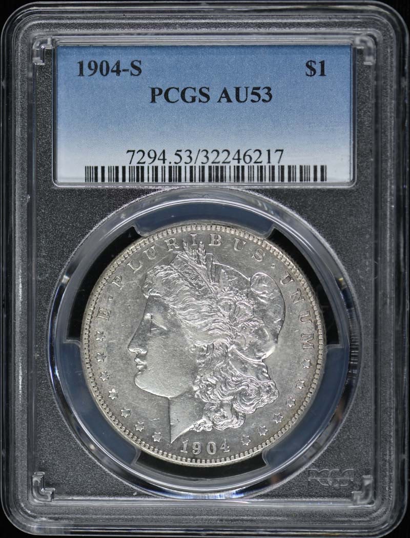 1904-S Morgan Dollar PCGS AU53 San Francisco Coin: 1904-S Morgan Dollar PCGS AU53 San Francisco Coin This 1904-S Morgan Dollar is a remarkable piece of numismatic history, certified by PCGS with a grade of AU53. Minted in San Francisco, this coin show