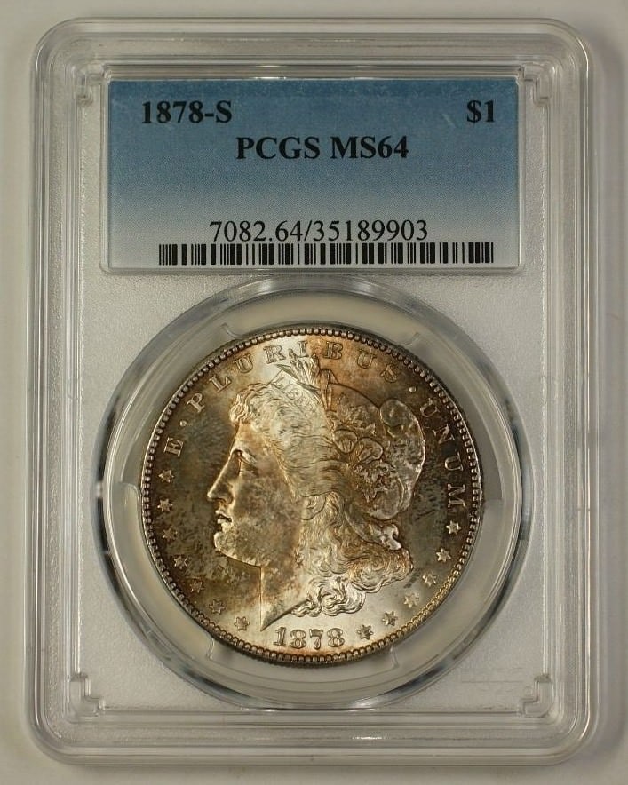 PCGS MS-64 1878-S Morgan Dollar Silver Coin With Toning: PCGS MS-64 1878-S Morgan Dollar Silver Coin With Toning This is an 1878-S Morgan Silver Dollar $1 coin graded MS-64 by PCGS. The coin is uncirculated and features attractive toning. Minted in San Fran