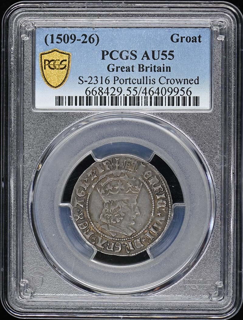 PCGS AU55 Portcullis Crowned Groat from Great Britain S-2316: PCGS AU55 Portcullis Crowned Groat from Great Britain S-2316 This is a Great Britain Groat S-2316 with a portcullis crowned design, certified by PCGS with an AU55 grade. The coin is circulated and pre