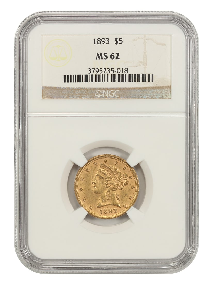 1893 Liberty Head $5 Gold Coin NGC MS62 Philadelphia: 1893 Liberty Head $5 Gold Coin NGC MS62 Philadelphia 1893 Liberty Head $5 gold coin, graded MS62 by NGC. Struck in Philadelphia, this pre-owned example is identified by the denomination and year liste
