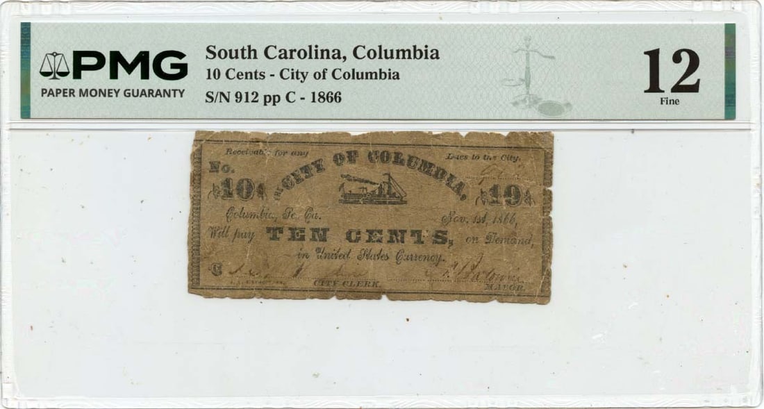 Columbia South Carolina 1866 Ten Cent Obsolete Currency PMG F12: Columbia South Carolina 1866 Ten Cent Obsolete Currency PMG F12 This is an 1866 10 cents obsolete note issued by the City of Columbia, South Carolina. The note is certified by PMG with a grade of F12 
