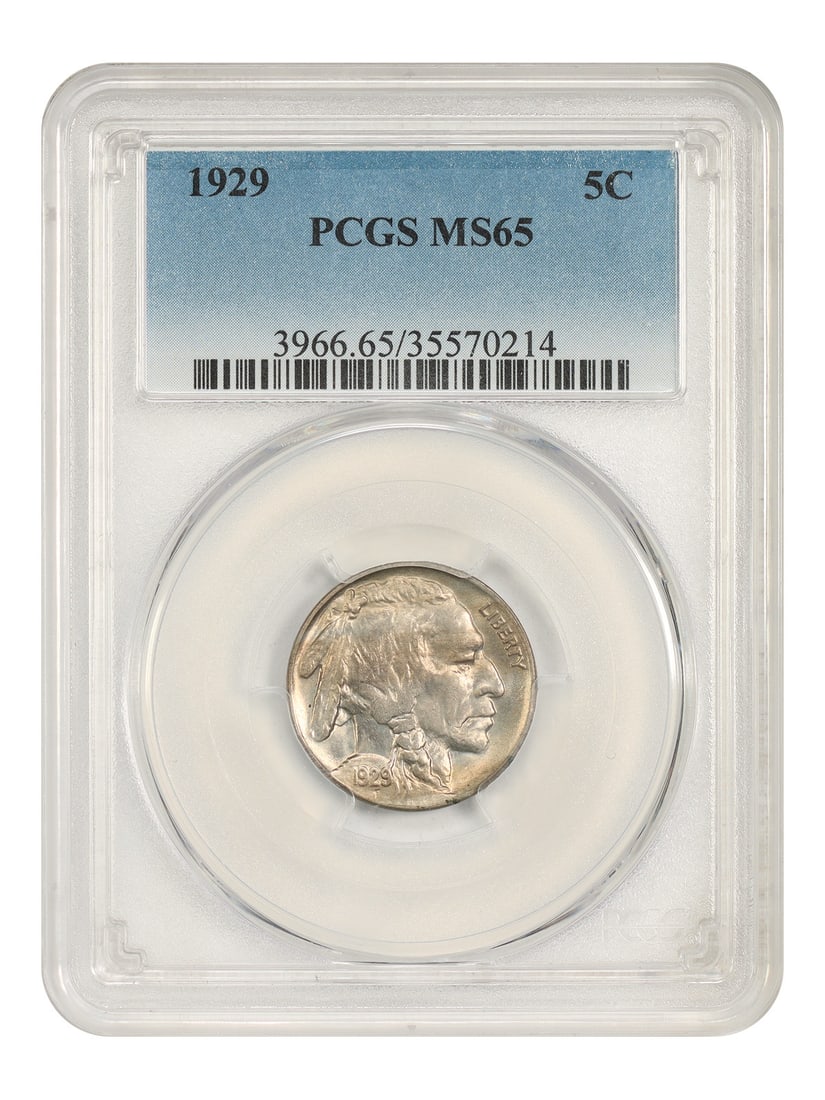 Buffalo Nickel 1929 5C PCGS MS65 Uncirculated: Buffalo Nickel 1929 5C PCGS MS65 Uncirculated A 1929 Buffalo Nickel graded MS65 by PCGS. This uncirculated 5C coin was minted in Philadelphia and is certified with number 35570214. Condition is pre-ow