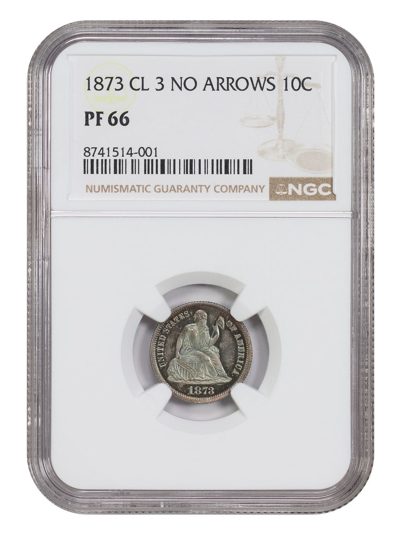 NGC PR66 1873 Liberty Seated Dime 10C Closed 3 No Arrows: NGC PR66 1873 Liberty Seated Dime 10C Closed 3 No Arrows 1873 Liberty Seated Dime, 10C, certified by NGC and graded PR66. This Philadelphia proof is the No Arrows variety with the Closed 3 date. It is