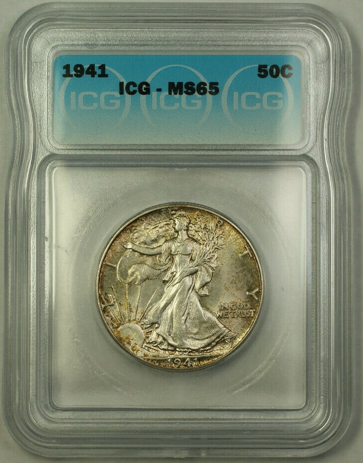 1941 Walking Liberty Half Dollar ICG MS-65 Silver: 1941 Walking Liberty Half Dollar ICG MS-65 Silver This 1941 Walking Liberty Half Dollar features a silver composition with a fineness of 0.9. Graded MS-65 by ICG, the coin is lightly toned and remains