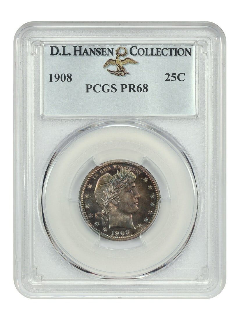 Barber Quarter 1908 25C PCGS PR68 ex D.L. Hansen: Barber Quarter 1908 25C PCGS PR68 ex D.L. Hansen A 1908 Barber Quarter graded PCGS PR68, certified by PCGS and attributed as ex: D.L. Hansen. This high-end proof coin is described as having original d