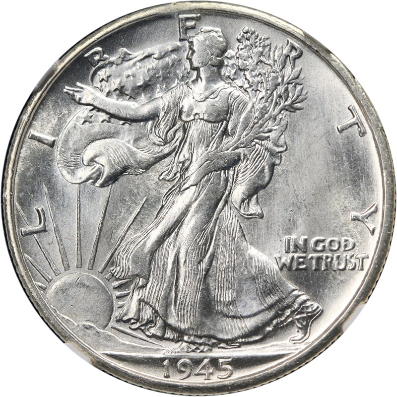 NGC MS64 1945-S Walking Liberty Half Dollar Silver: NGC MS64 1945-S Walking Liberty Half Dollar Silver This 1945-S Walking Liberty Half Dollar is graded MS64 by NGC, indicating an uncirculated coin with excellent eye appeal, strong luster, and a sharp 