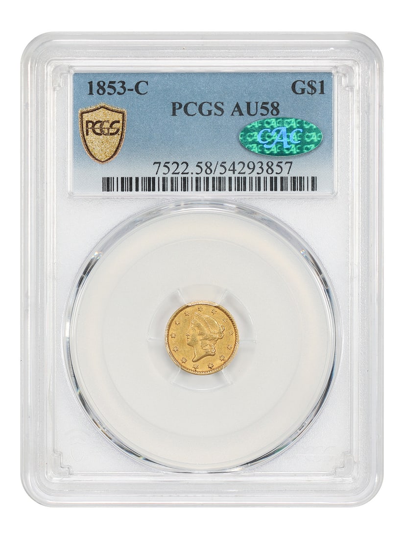 1853-C Charlotte G$1 Gold Dollar PCGS CAC AU58: 1853-C Charlotte G$1 Gold Dollar PCGS CAC AU58 1853-C G$1 Gold Dollar from the Charlotte Mint, certified by PCGS and graded AU58 with CAC approval. This circulated piece comes from a mintage of only 1