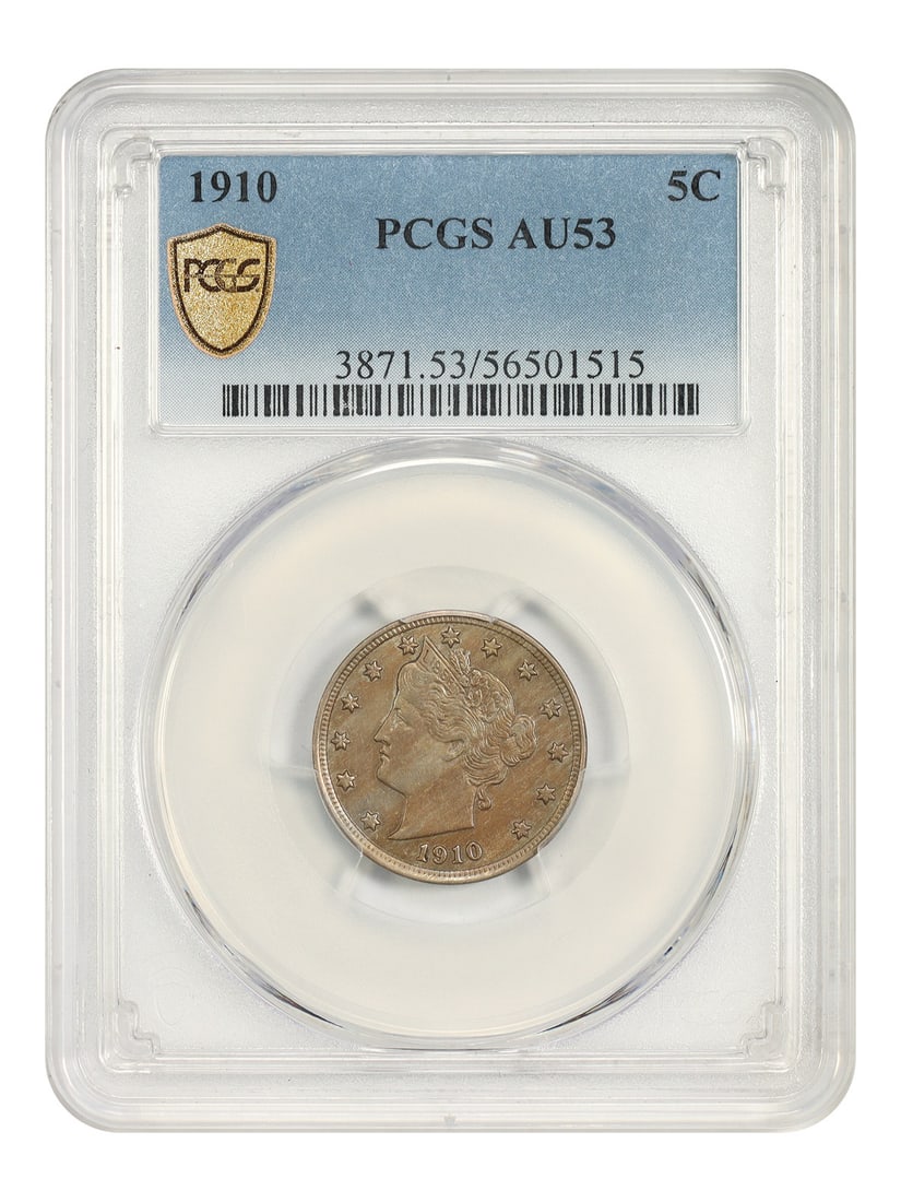 1910 Liberty Nickel 5C PCGS AU53 Philadelphia: 1910 Liberty Nickel 5C PCGS AU53 Philadelphia A 1910 Liberty Nickel graded AU53 by PCGS. This circulated 5C coin was minted in Philadelphia and is certified with certification number 56501515. Conditi